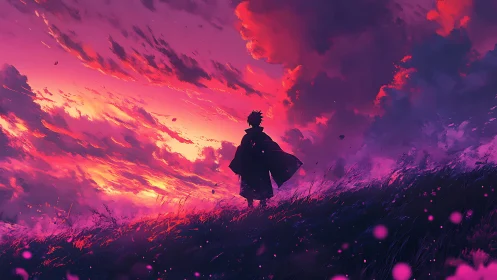 Solitary cloaked figure on windblown hillside at neon dusk sky