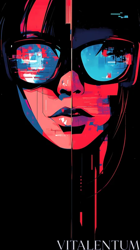 Neon cyber portrait split by glitching mirror symmetry.