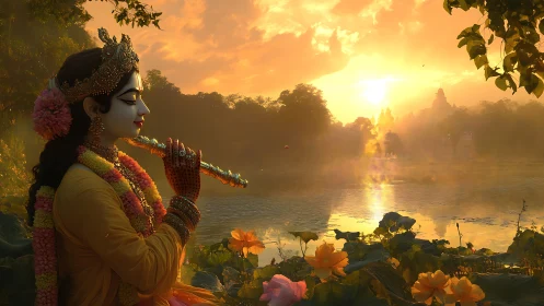 Divine flute player beside calm river at golden sunrise.