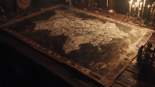 Large fantasy map lies on wooden table under candlelight