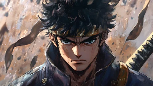 Dark haired anime swordsman with headband in close focus.