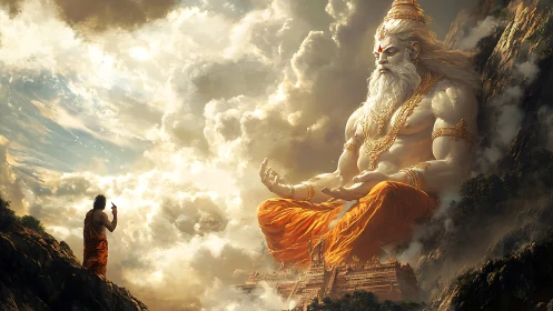 Gigantic seated figure in clouds faces distant robed observer