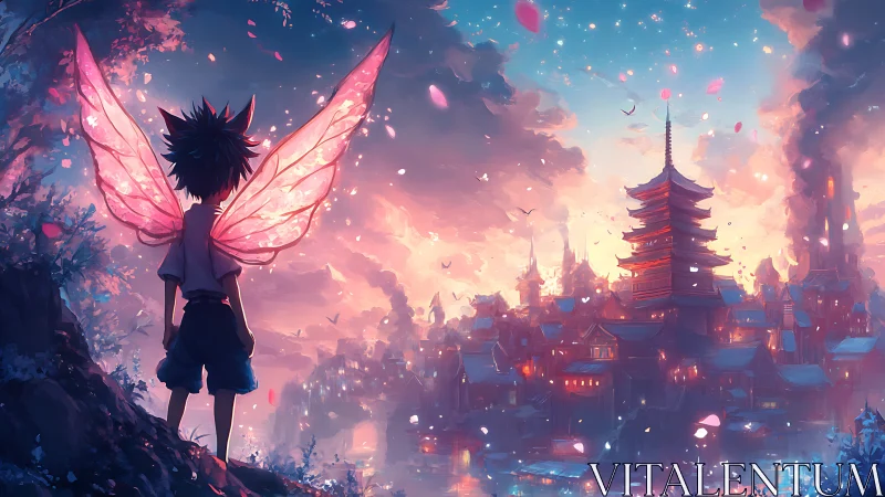 Winged child overlooking luminous fantasy pagoda cityscape.
