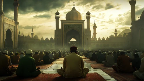 Golden mosque courtyard filled with peaceful sunrise prayer.