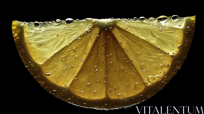 Macro view shows submerged lemon wedge with surface bubbles