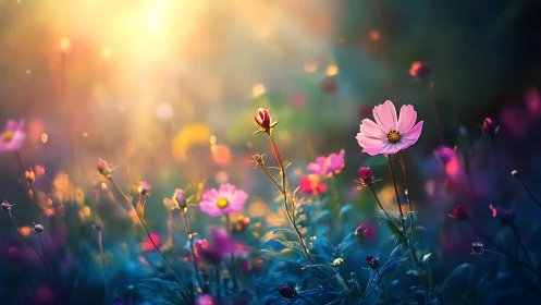 Glowing Cosmos Blossoms in Golden Twilight.