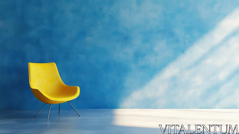 Sunlit yellow lounge chair against dream-soft blue wall.