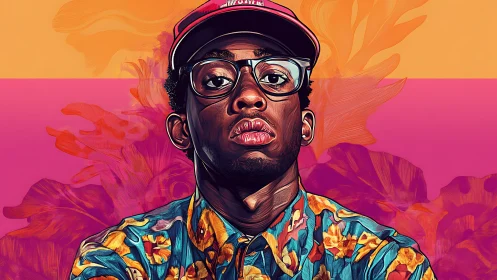 Tropical neon portrait of cool dreamer in floral armor.