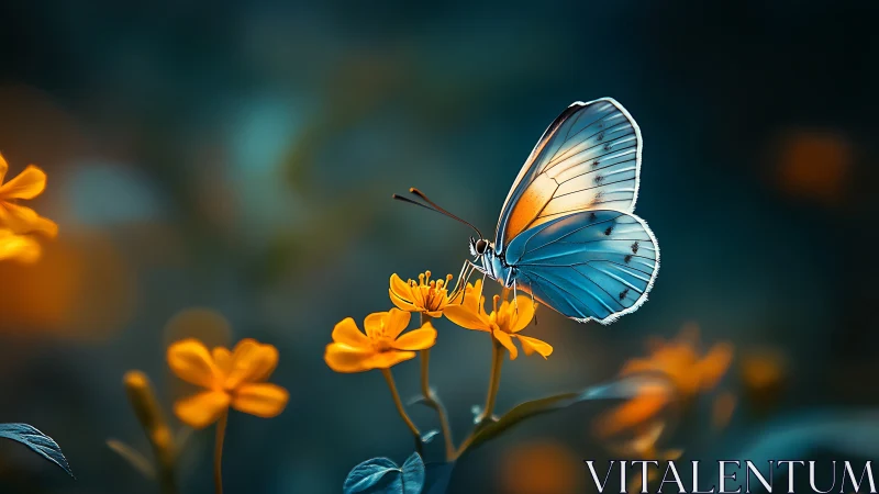 Photorealistic macro of blue butterfly on golden blooms.