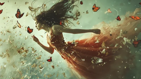 Dynamic female figure in motion surrounded by butterflies and debris