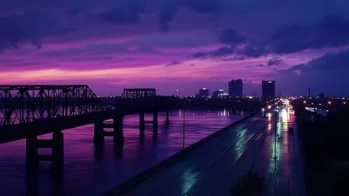 Purple river sunset with glowing city bridge and lights.