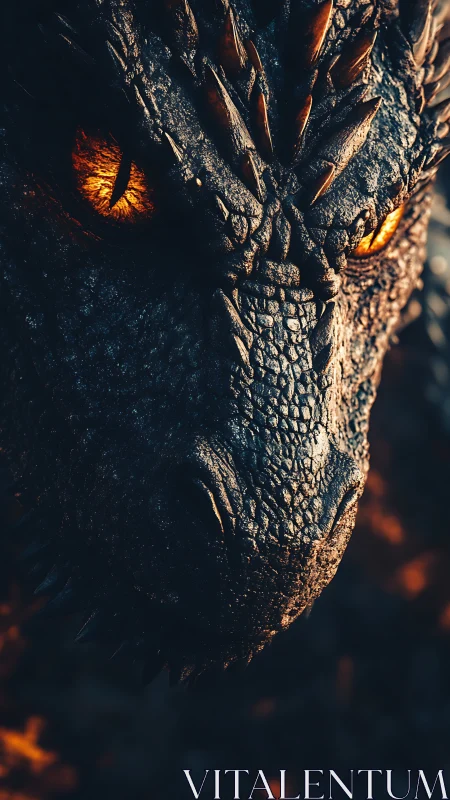 Draconic close-up with molten eyes and rugged obsidian scales.