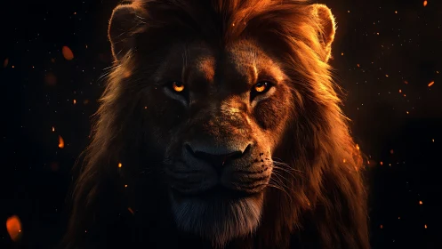 Fiery eyed lion portrait in dramatic ember glow.