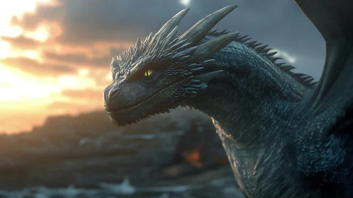3D cinematic dragon profile with sunset rim lighting staging.