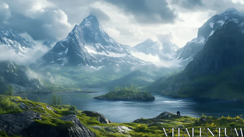 Emerald fjord dreams beneath brooding snowcapped titans.