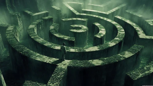 Solitary wanderer in a mist-drenched emerald stone labyrinth.