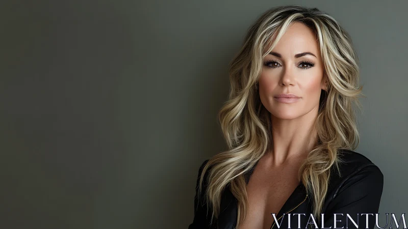 Confident blonde woman portrait on neutral gray background.