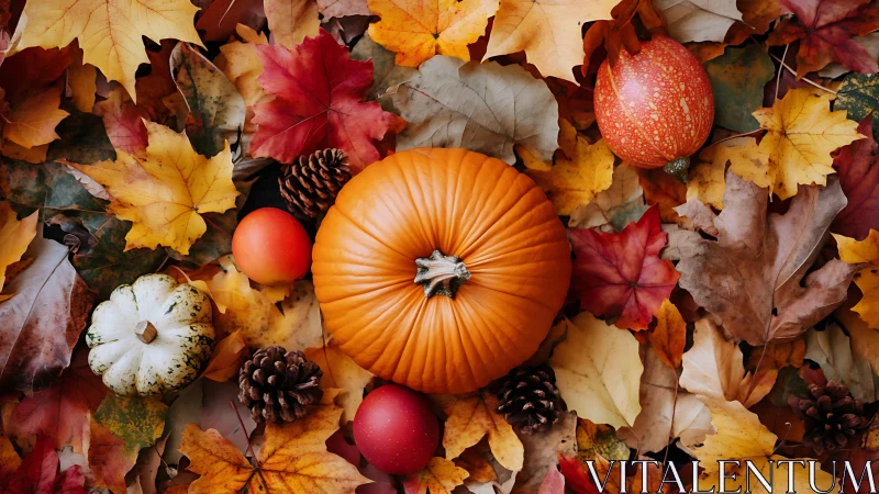 Cozy autumn pumpkin nestled in a bed of colorful leaves.