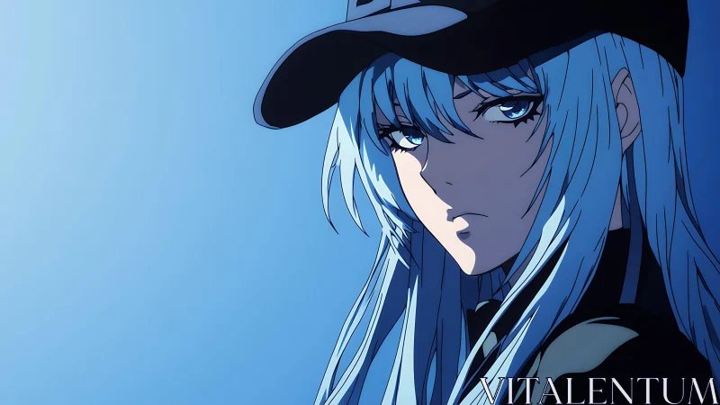 Steely blue-haired anime rebel gazes through winter light.