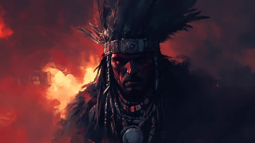 Warrior chief portrait ignites storm-lit scarlet smoke.