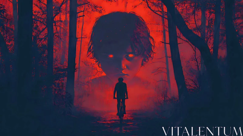 Midnight cyclist confronts a colossal haunted forest visage