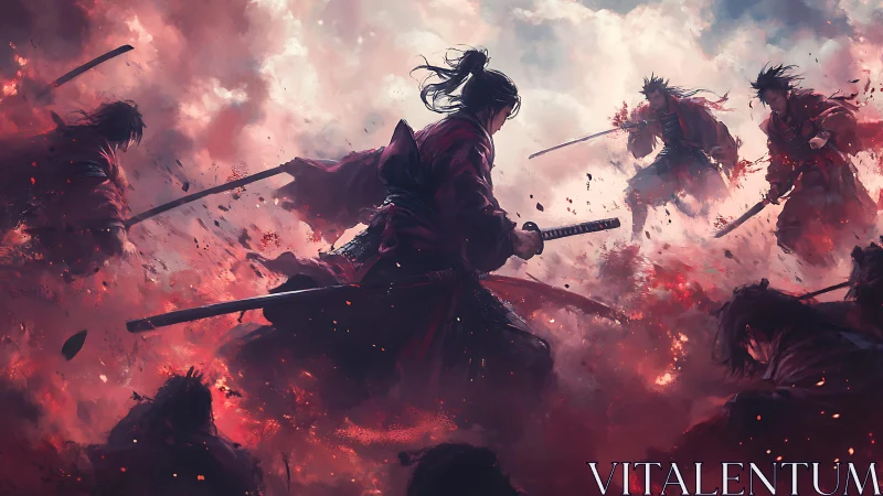 Central samurai silhouette confronts multiple foes in red particle haze