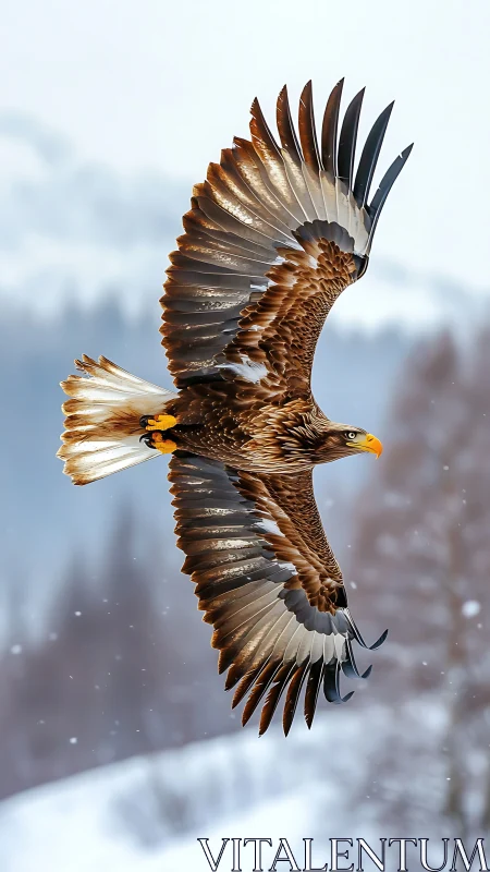 Golden eagle glides through a snowy mountain wilderness sky