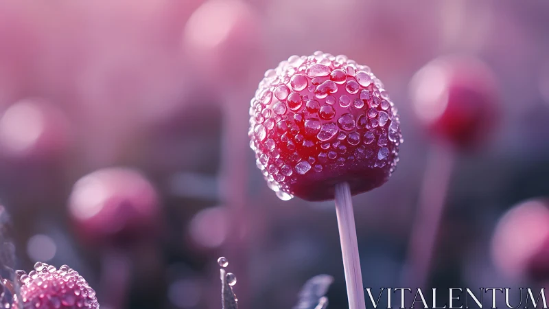 Macro close-up isolates dewy red lollipop with soft bokeh field
