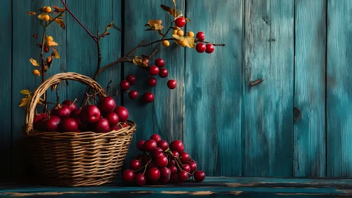 Ruby crabapples lean into a teal-wood daydream still life