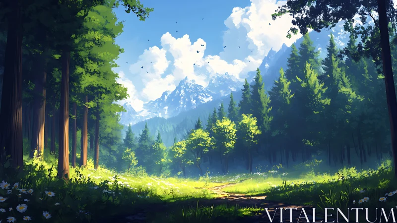 Sunlit Forest Valley With Majestic Mountain Vista Ahead