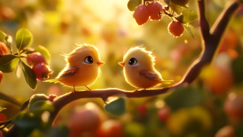 Sunlit baby birds sharing a sweet moment on a branch.