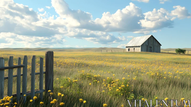 Sunlit prairie barn under expansive cumulus cloud field