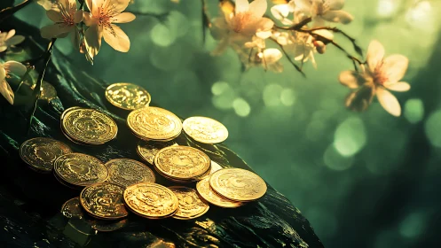 Golden forest coins rest softly beneath spring blossoms