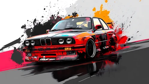 Neon-splashed drift legend charges through abstract paintstorm.