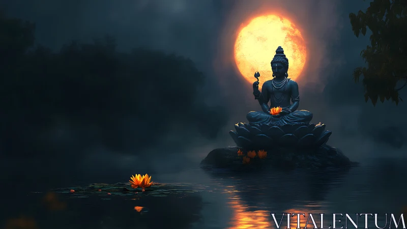 Moonlit lotus Buddha statue over misty reflective water.
