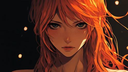 Luminous red-haired portrait with cinematic anime lighting.