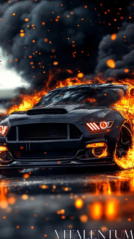 Burning black muscle car races through storming firestorm