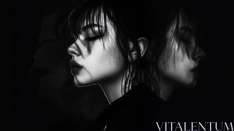 Dual monochrome profile study of woman in low light.