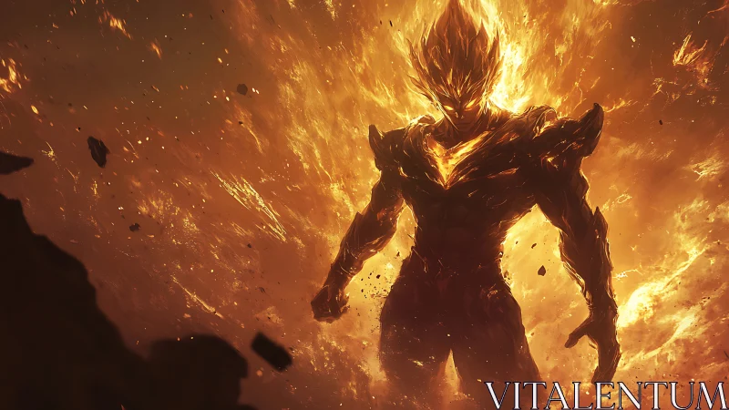 Fiery humanoid warrior emerging from blazing inferno