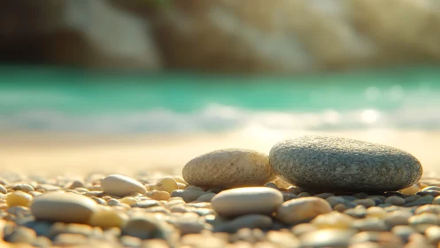 Coastal pebbles in shallow focus beside turquoise surf.