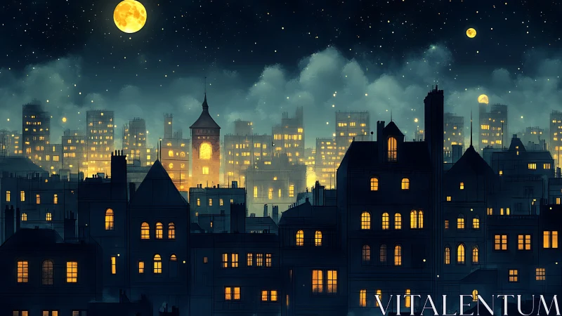 Moonlit city chimneys glow against a velvet constellation sky.