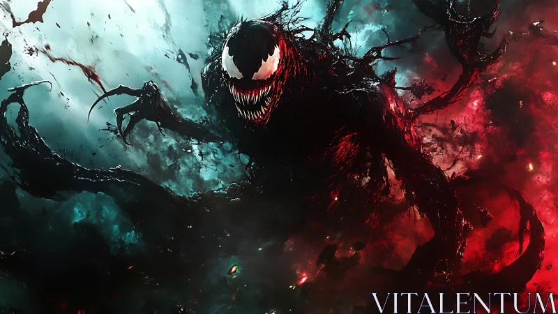 Sinister black monster lunging through red blue haze.