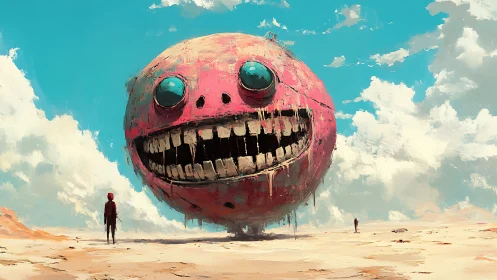 Colossal corroded smile-sphere stalking a desolate desert.