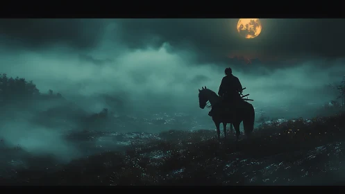 Lone rider on horseback in fog under full moon at night.