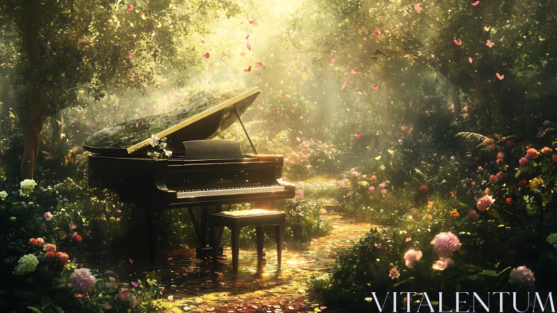 Grand piano on woodland path under dappled golden sunlight