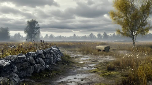 Quiet misty field path beside an old stone wall at dawn.