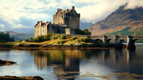 Scottish Castle Lakeside Estate: Stone Fortification with Arched Bridge