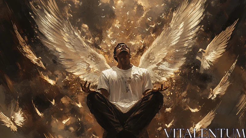 Soaring human angel rises in a storm of glowing white wings