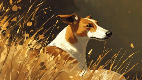 Canine profile in wind-swept grassland, painterly light study.