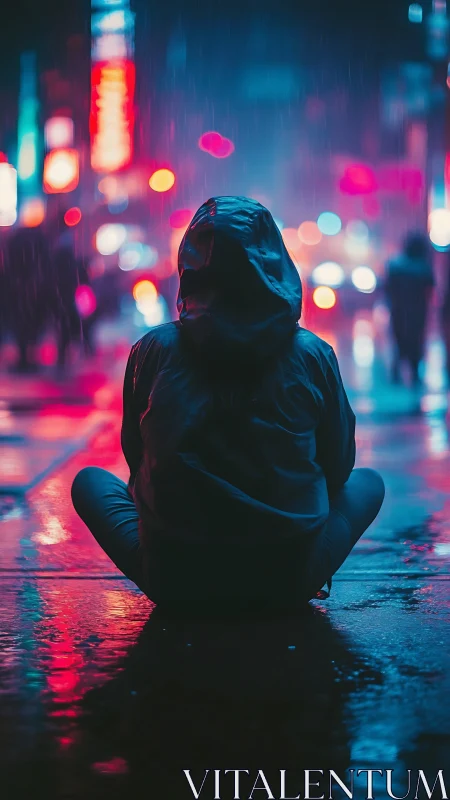 Quiet hooded figure soaking in neon city rain glow.